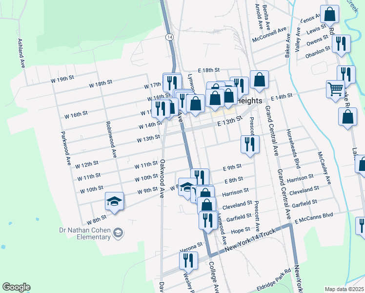 map of restaurants, bars, coffee shops, grocery stores, and more near 2137 College Avenue in Elmira