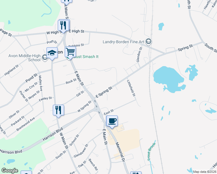 map of restaurants, bars, coffee shops, grocery stores, and more near 198 East Spring Street in Avon