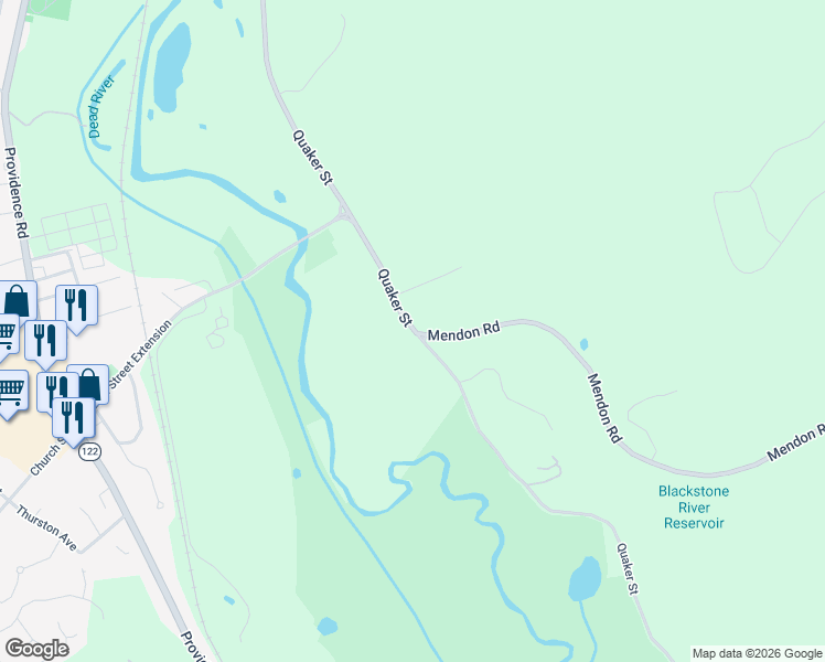 map of restaurants, bars, coffee shops, grocery stores, and more near 1201 Quaker Street in Northbridge