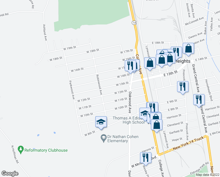 map of restaurants, bars, coffee shops, grocery stores, and more near 225 West 13th Street in Elmira