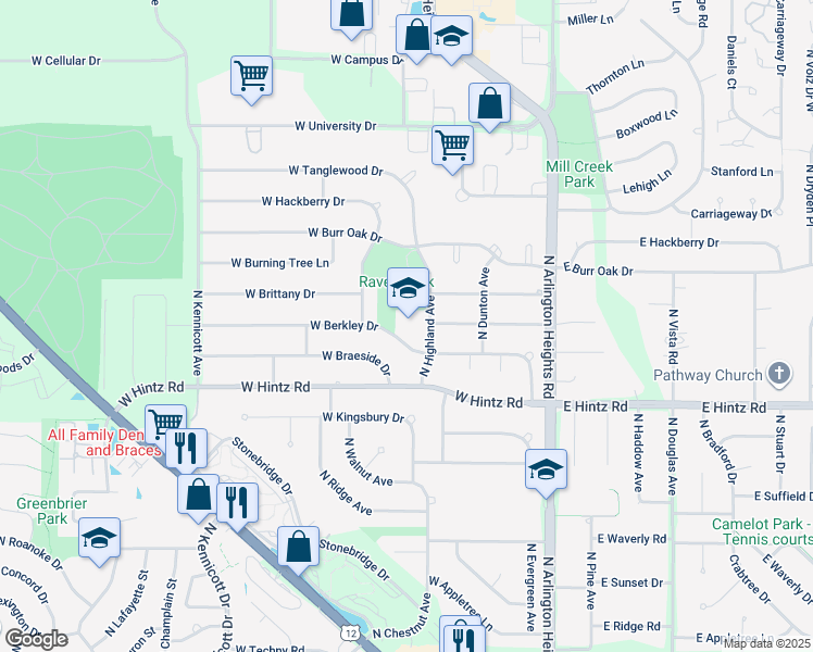 map of restaurants, bars, coffee shops, grocery stores, and more near 2800 North Highland Avenue in Arlington Heights