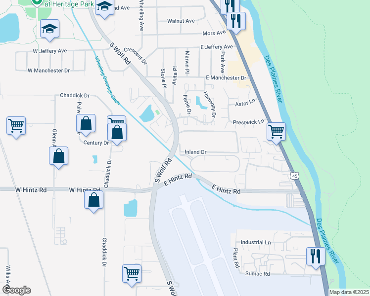 map of restaurants, bars, coffee shops, grocery stores, and more near 350 Inland Drive in Wheeling