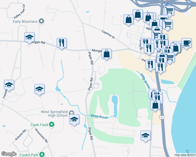 map of restaurants, bars, coffee shops, grocery stores, and more near 22 Shady Brook in West Springfield