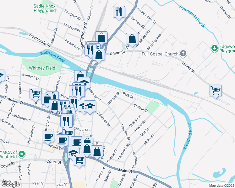 map of restaurants, bars, coffee shops, grocery stores, and more near 27 Hanover Street in Westfield