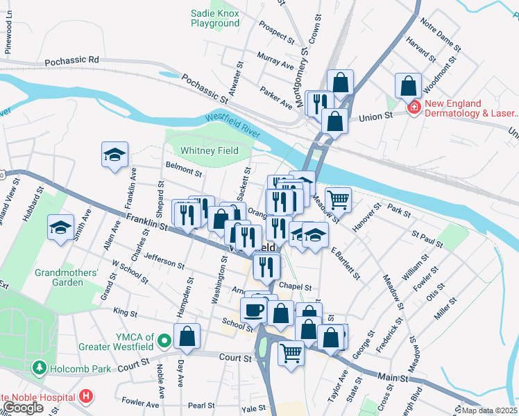 map of restaurants, bars, coffee shops, grocery stores, and more near 9 Sibley Avenue in Westfield