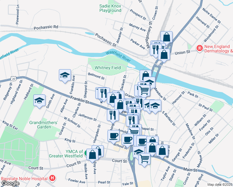 map of restaurants, bars, coffee shops, grocery stores, and more near 55 Orange Street in Westfield