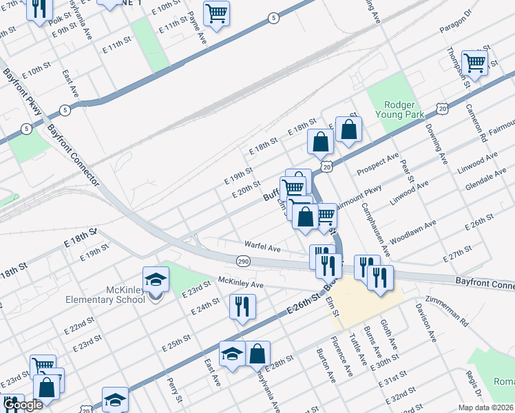 map of restaurants, bars, coffee shops, grocery stores, and more near 1302 Buffalo Road in Erie