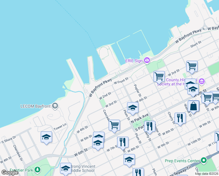 map of restaurants, bars, coffee shops, grocery stores, and more near 927 West Front Street in Erie
