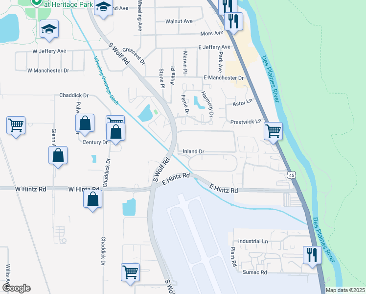 map of restaurants, bars, coffee shops, grocery stores, and more near 730 South Wolf Road in Wheeling