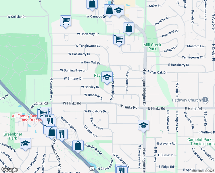 map of restaurants, bars, coffee shops, grocery stores, and more near 2800 North Highland Avenue in Arlington Heights