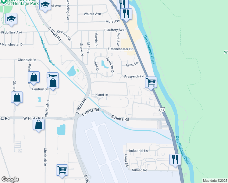 map of restaurants, bars, coffee shops, grocery stores, and more near 404 Inland Drive in Wheeling