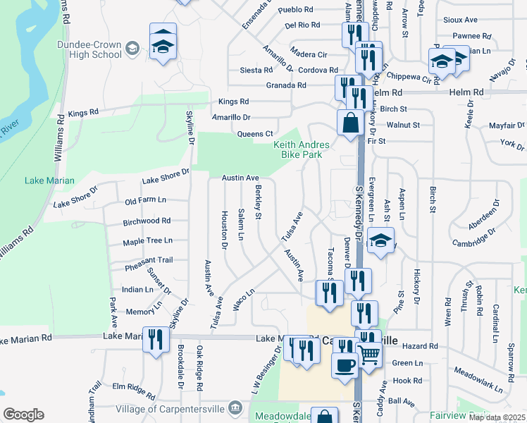 map of restaurants, bars, coffee shops, grocery stores, and more near 55 Austin Avenue in Carpentersville