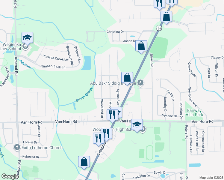 map of restaurants, bars, coffee shops, grocery stores, and more near 24513 Mount Olive Drive in Brownstown Charter Township