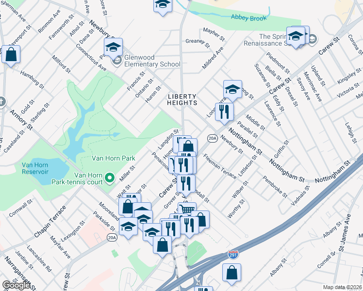 map of restaurants, bars, coffee shops, grocery stores, and more near 70-72 Home Street in Springfield