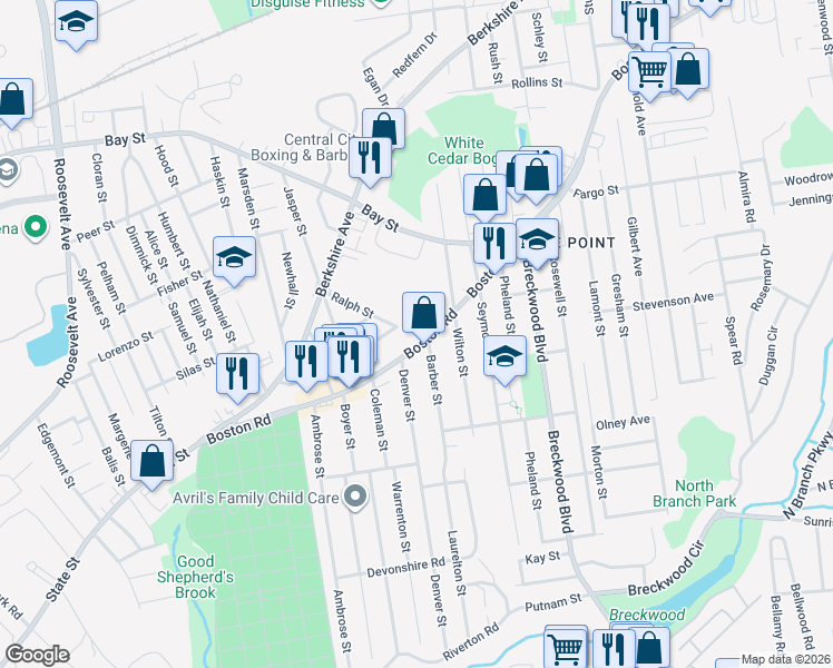 map of restaurants, bars, coffee shops, grocery stores, and more near 242 Boston Road in Springfield