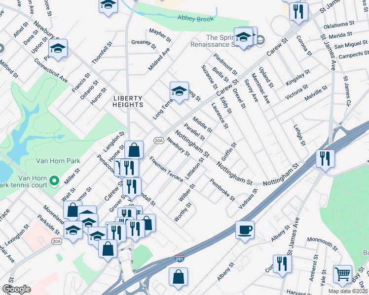 map of restaurants, bars, coffee shops, grocery stores, and more near 375 Nottingham Street in Springfield