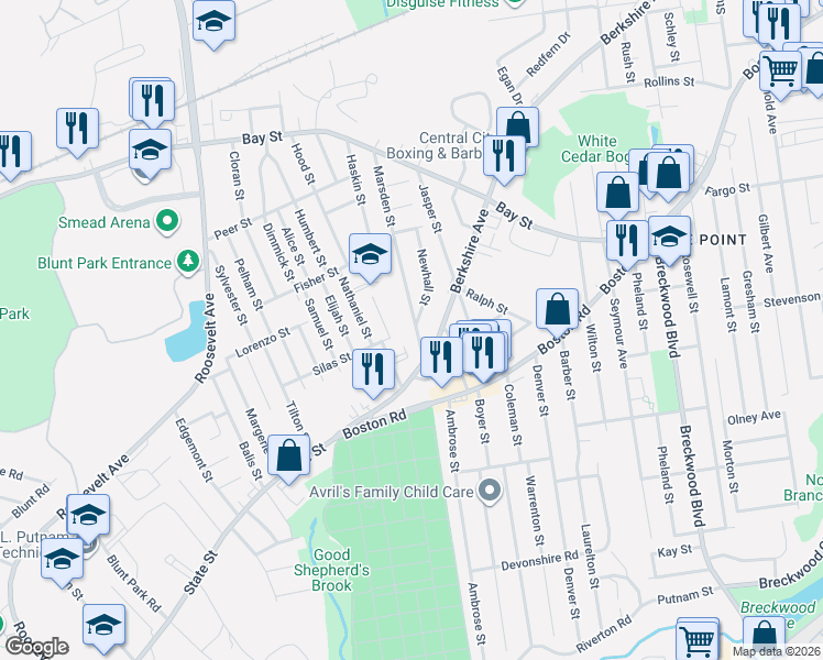 map of restaurants, bars, coffee shops, grocery stores, and more near 17 Newhall Street in Springfield