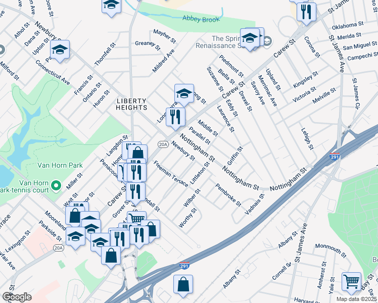 map of restaurants, bars, coffee shops, grocery stores, and more near 375 Nottingham Street in Springfield