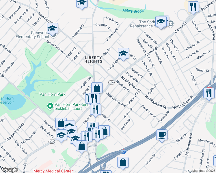 map of restaurants, bars, coffee shops, grocery stores, and more near 874 Carew Street in Springfield