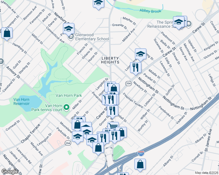 map of restaurants, bars, coffee shops, grocery stores, and more near 70-72 Home Street in Springfield