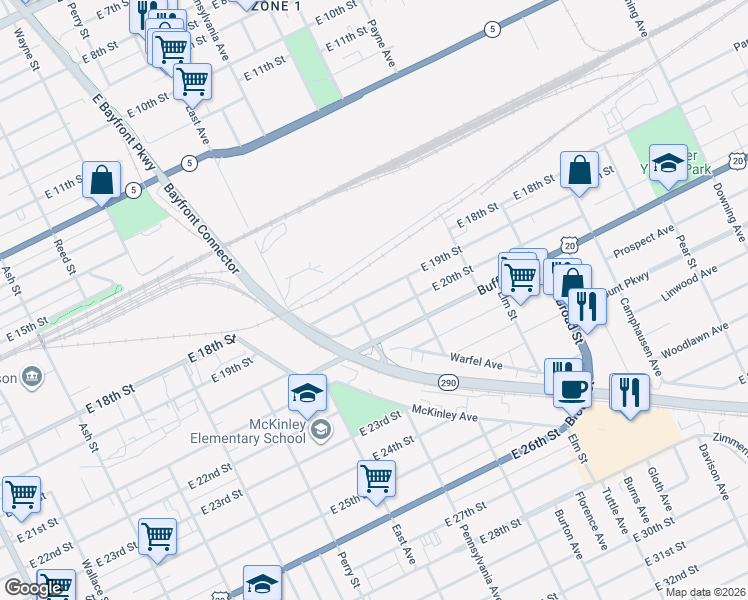 map of restaurants, bars, coffee shops, grocery stores, and more near 1232-1264 East 19th Street in Erie