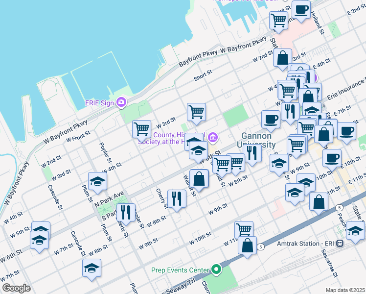 map of restaurants, bars, coffee shops, grocery stores, and more near 414 West 5th Street in Erie