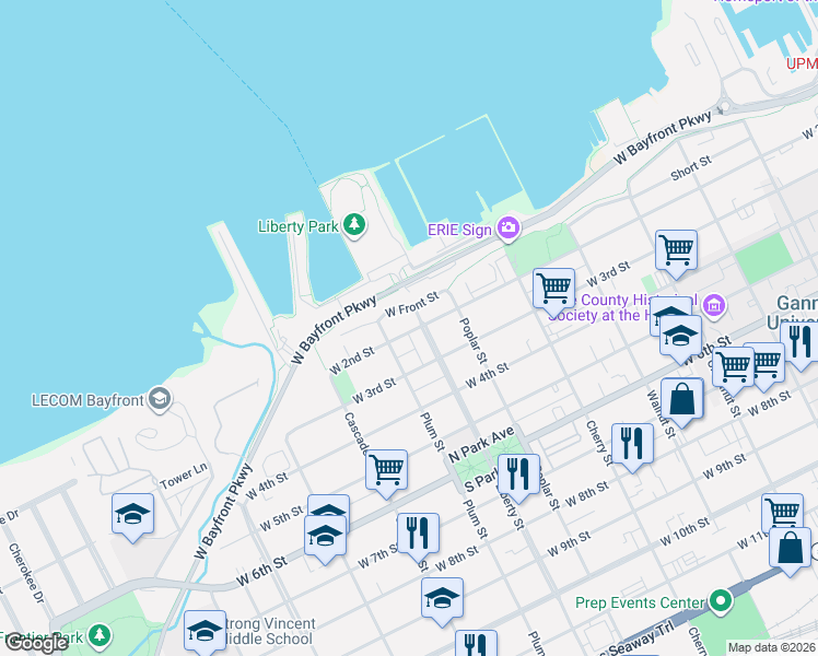 map of restaurants, bars, coffee shops, grocery stores, and more near 107 Plum Street in Erie