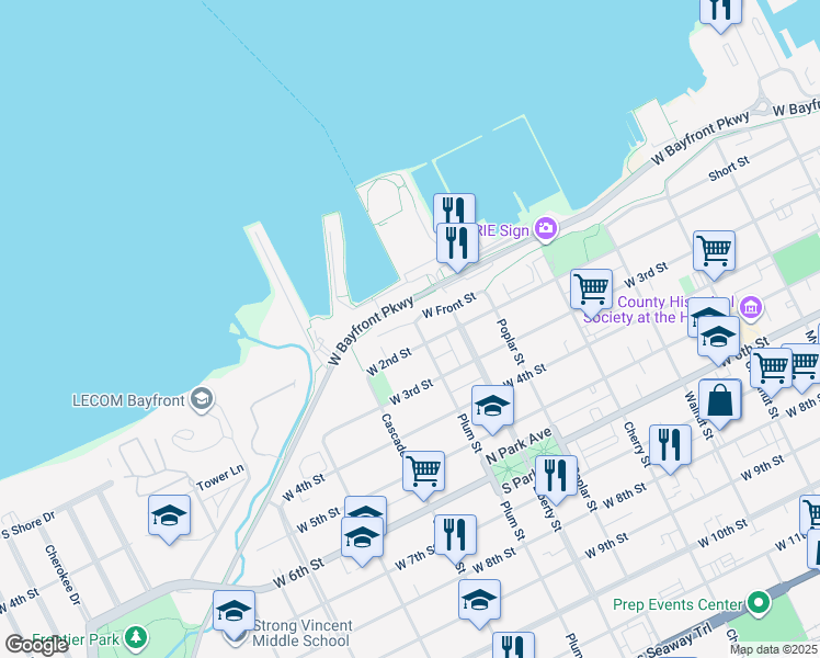 map of restaurants, bars, coffee shops, grocery stores, and more near 927 West Front Street in Erie