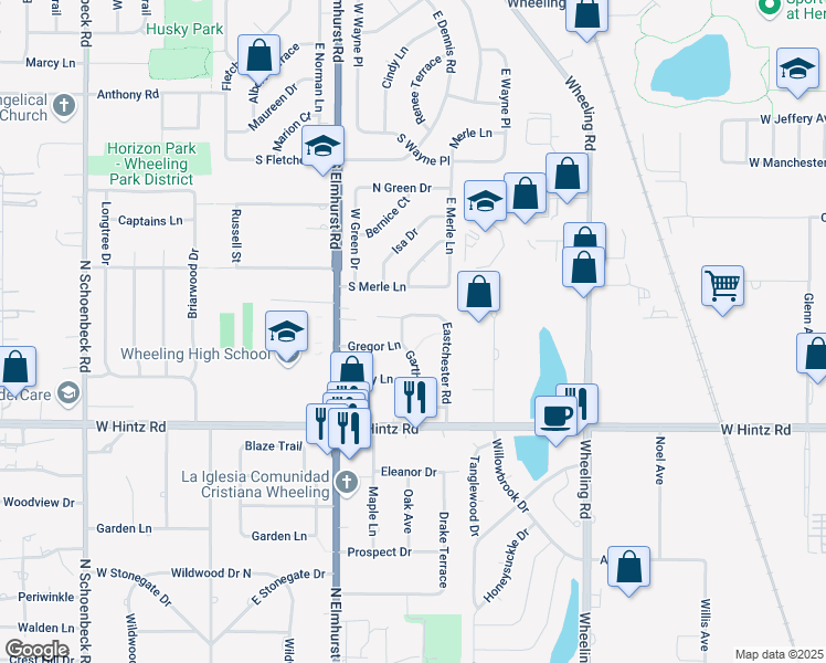 map of restaurants, bars, coffee shops, grocery stores, and more near 708 Hastings Court in Wheeling