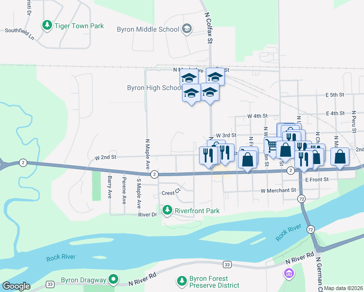 map of restaurants, bars, coffee shops, grocery stores, and more near 101 Blanchard Court in Byron