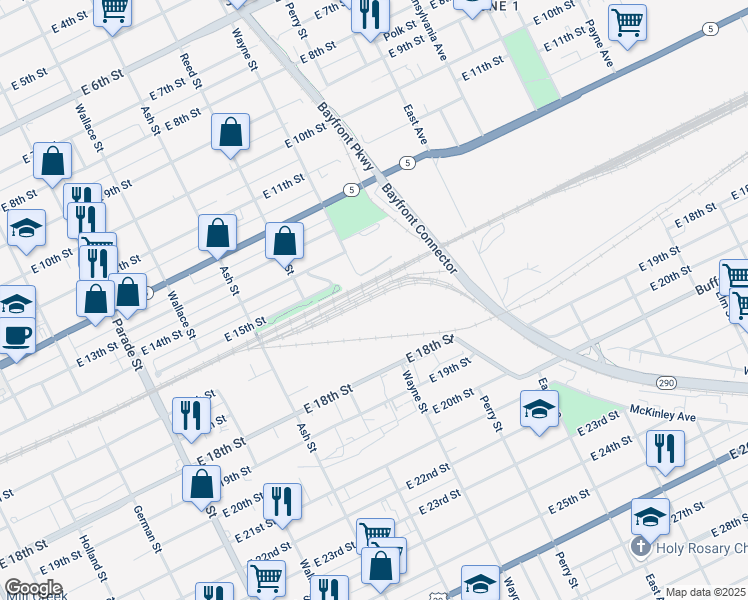 map of restaurants, bars, coffee shops, grocery stores, and more near 1411 Wayne St in Erie