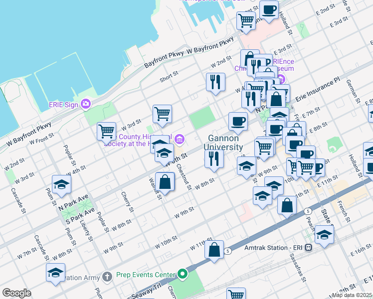 map of restaurants, bars, coffee shops, grocery stores, and more near 334 West 6th Street in Erie