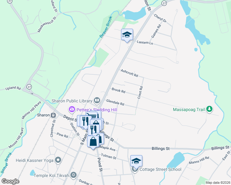 map of restaurants, bars, coffee shops, grocery stores, and more near 12 Brook Road in Sharon