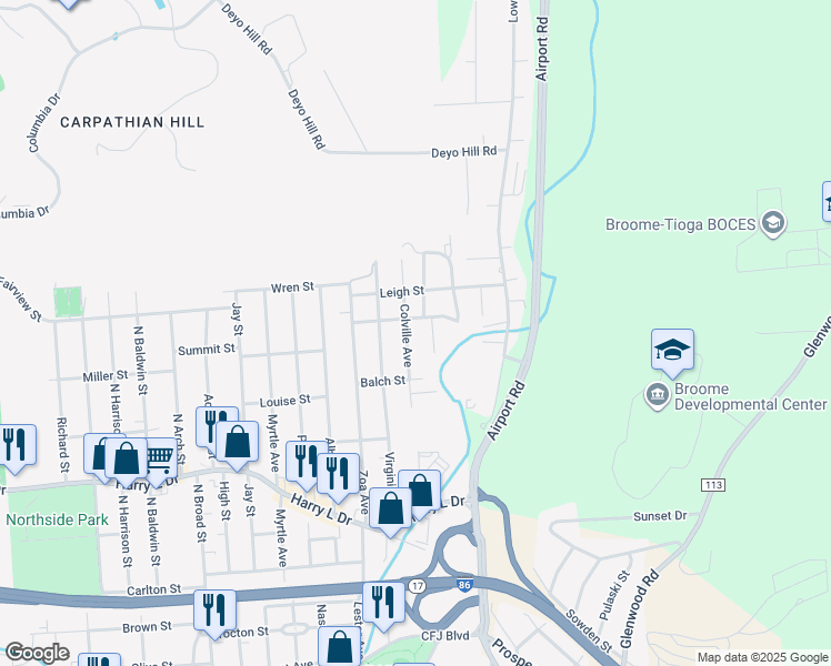 map of restaurants, bars, coffee shops, grocery stores, and more near 25-31 Miriam St in Johnson City