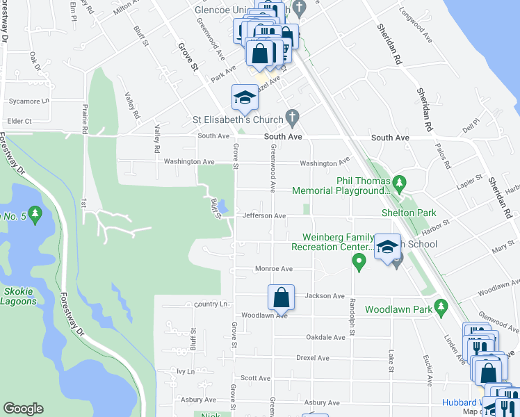 map of restaurants, bars, coffee shops, grocery stores, and more near 489 Jefferson Avenue in Glencoe