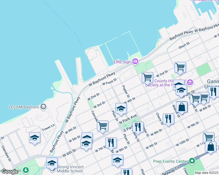 map of restaurants, bars, coffee shops, grocery stores, and more near 718 West 2nd Street in Erie