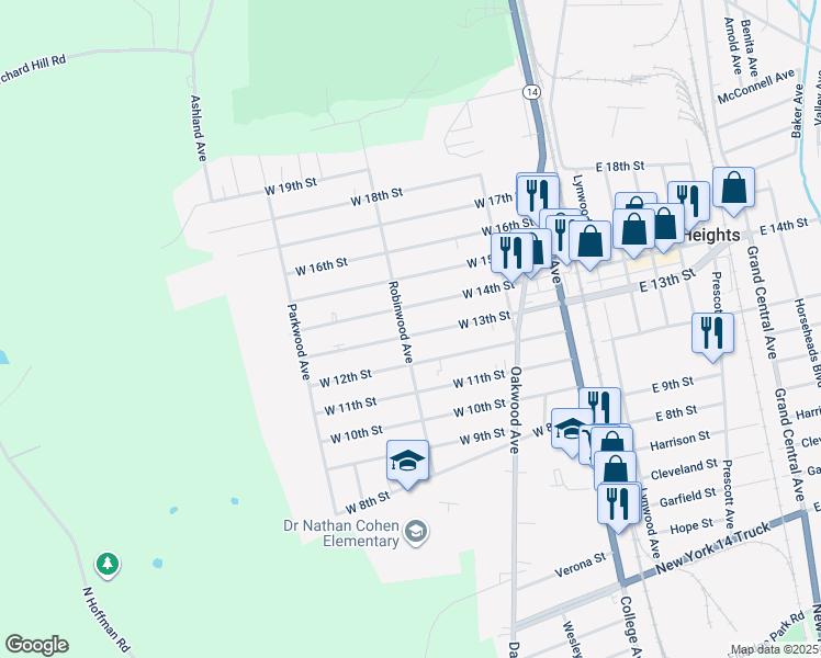 map of restaurants, bars, coffee shops, grocery stores, and more near 220 Robinwood Avenue in Elmira