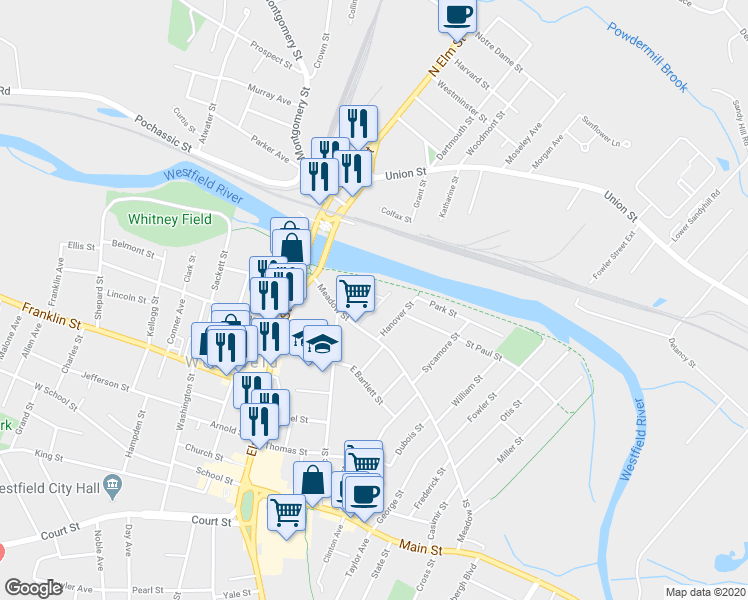 map of restaurants, bars, coffee shops, grocery stores, and more near 34 Meadow Street in Westfield