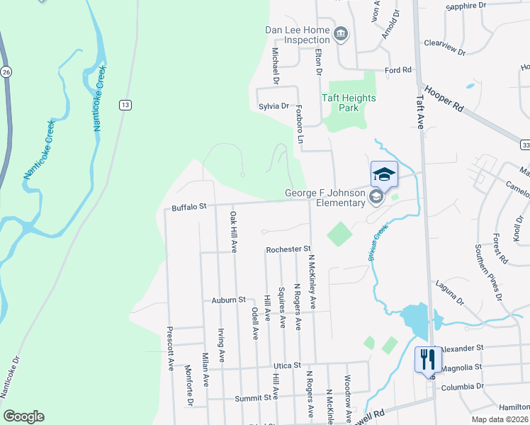 map of restaurants, bars, coffee shops, grocery stores, and more near 1117 Buffalo Street in Endicott