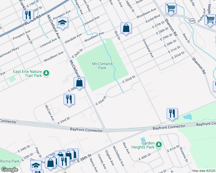 map of restaurants, bars, coffee shops, grocery stores, and more near 2522 E 32nd St in Erie