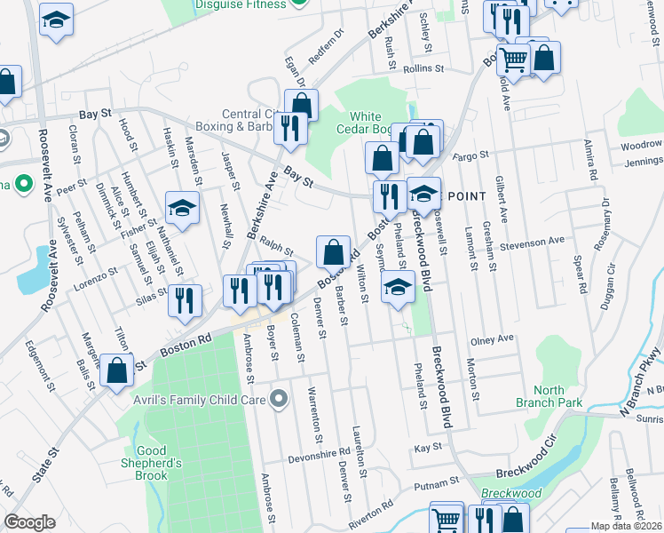 map of restaurants, bars, coffee shops, grocery stores, and more near 242 Boston Road in Springfield