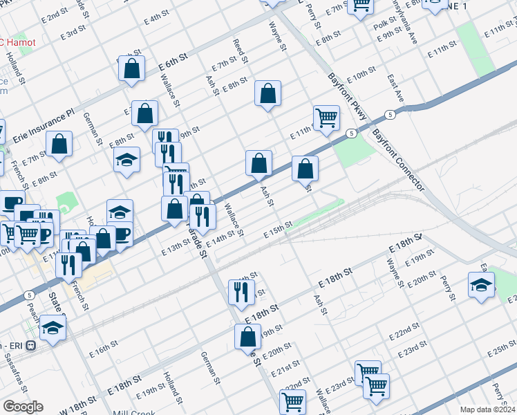 map of restaurants, bars, coffee shops, grocery stores, and more near 542 East 13th Street in Erie