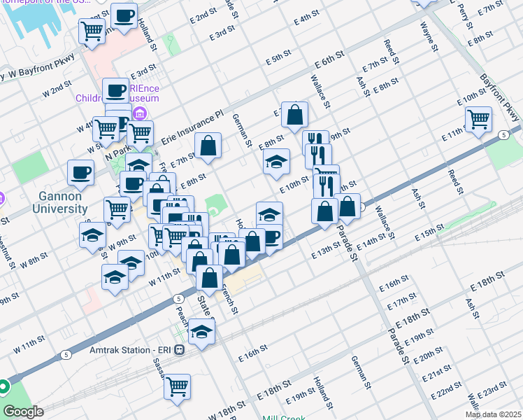 map of restaurants, bars, coffee shops, grocery stores, and more near 240 East 10th Street in Erie