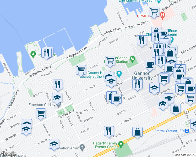 map of restaurants, bars, coffee shops, grocery stores, and more near 457 West 4th Street in Erie