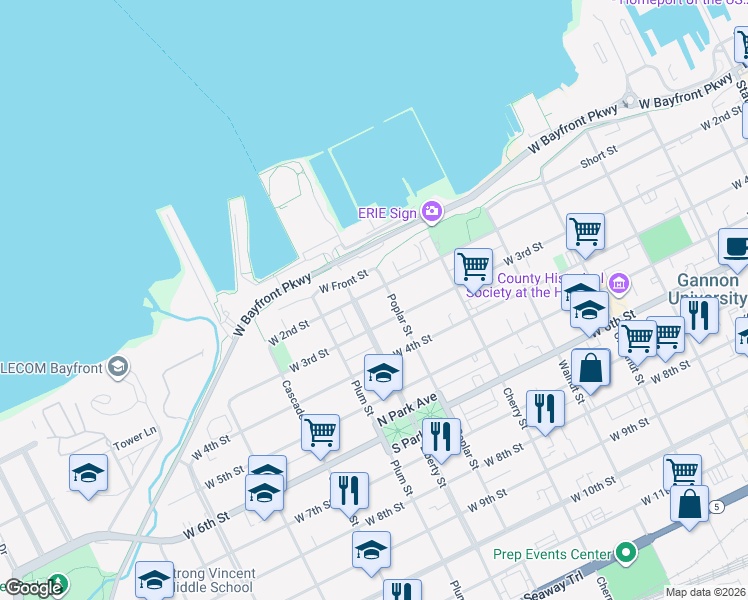 map of restaurants, bars, coffee shops, grocery stores, and more near 718 West 2nd Street in Erie