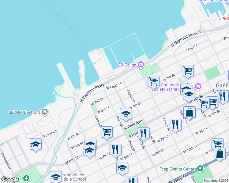 map of restaurants, bars, coffee shops, grocery stores, and more near 718 West 2nd Street in Erie