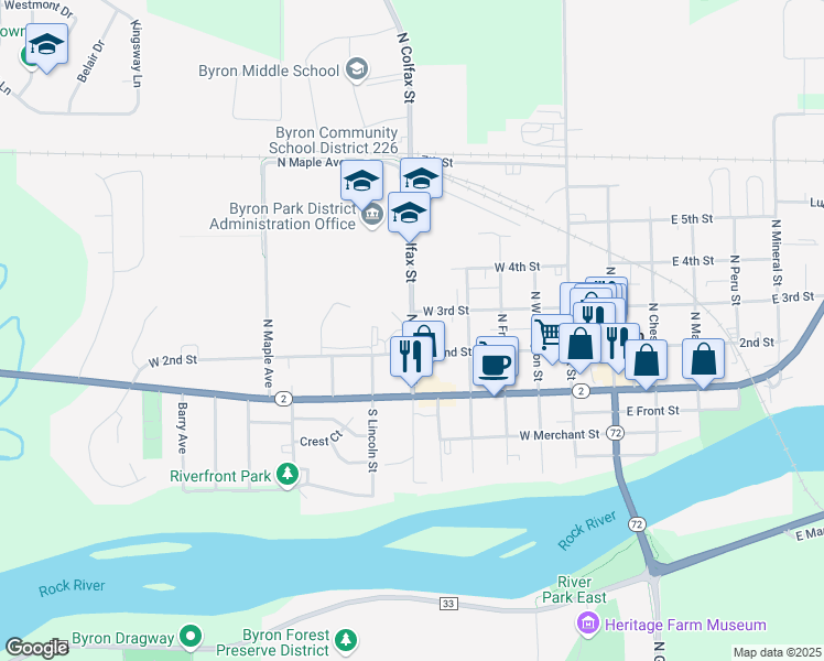map of restaurants, bars, coffee shops, grocery stores, and more near 696 North Colfax Street in Byron