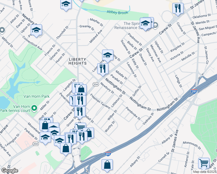map of restaurants, bars, coffee shops, grocery stores, and more near 405 Newbury Street in Springfield