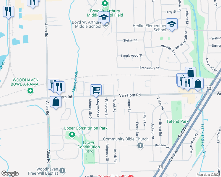 map of restaurants, bars, coffee shops, grocery stores, and more near 18500 Van Horn Road in Trenton