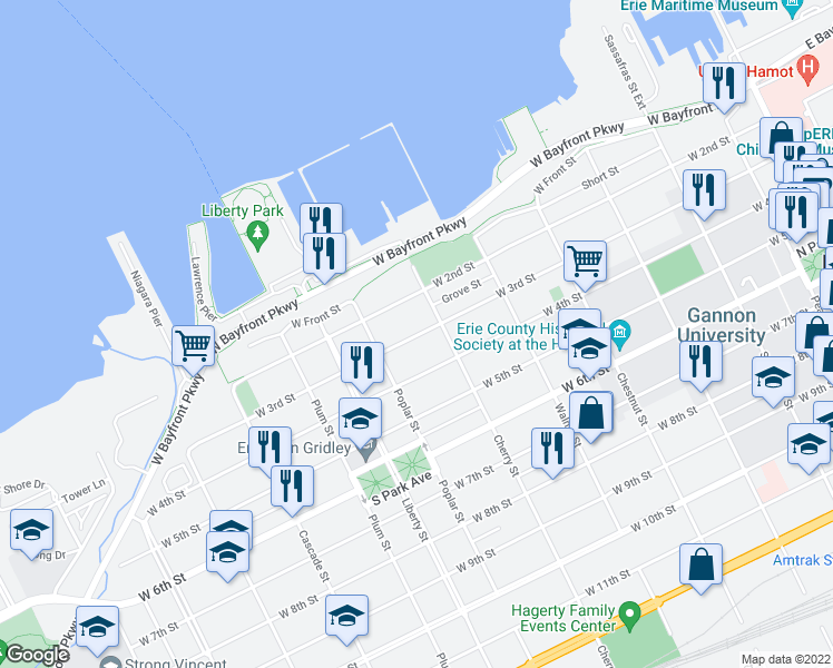 map of restaurants, bars, coffee shops, grocery stores, and more near 624 West 3rd Street in Erie